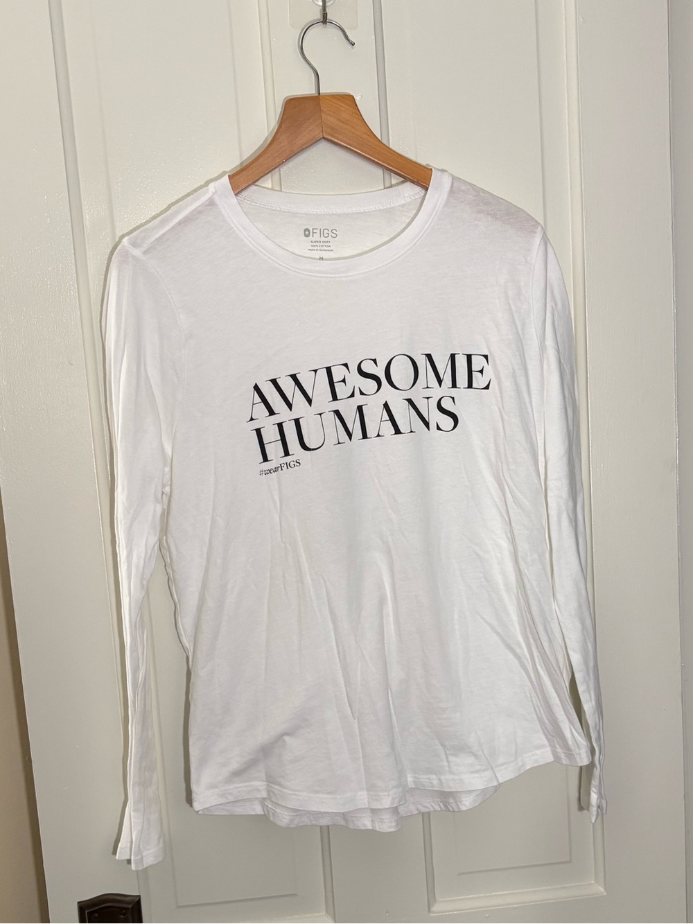 Figs Women’s Long-Sleeve 'Awesome Humans' Graphic Tee in White with Black Text